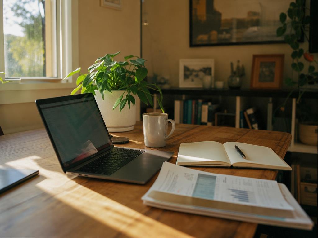 A tidy home desk with a laptop, notebook and papers in morning light