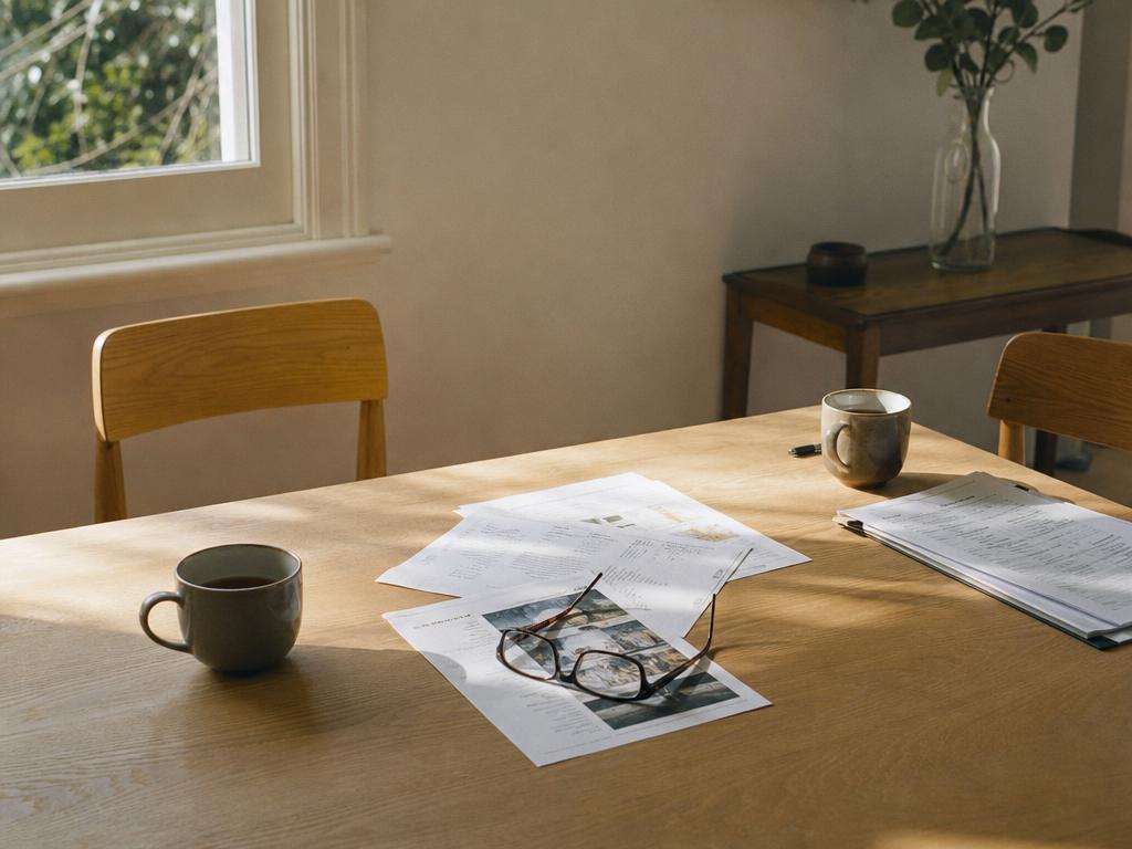 Two cups of tea and documents on a sunlit dining table